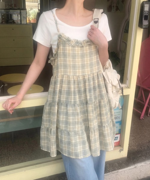 yuue' ( wear )（ユーイ）の「チェック柄フリルティアードキャミチュニック/ミニワンピース（キャミソール・レディース・イエロー/ピンク/ブルー・FREE）」の16枚目の写真
