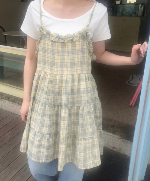 yuue' ( wear )（ユーイ）の「チェック柄フリルティアードキャミチュニック/ミニワンピース（キャミソール・レディース・イエロー/ピンク/ブルー・FREE）」の19枚目の写真