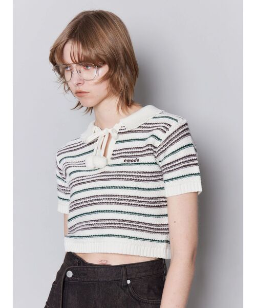 EMODA(エモダ)の「ボーダーポロニット(ニット/セーター・レディース・ブラック/ブラウン/ホワイト・FREE)」の1枚目の写真
