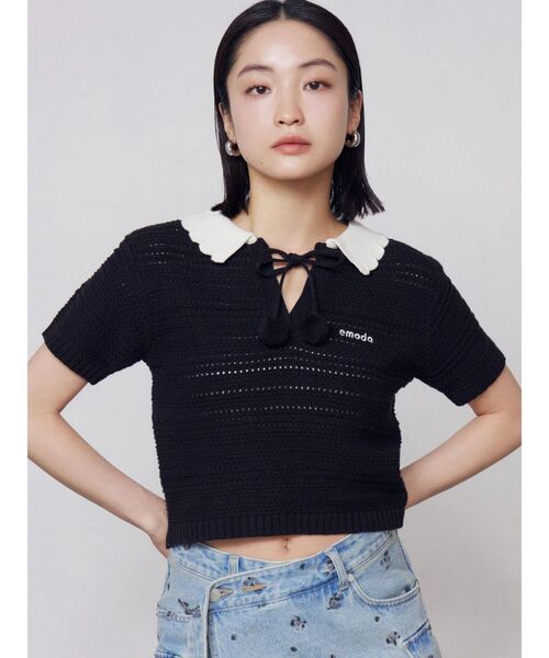 EMODA(エモダ)の「ボーダーポロニット(ニット/セーター・レディース・ブラック/ブラウン/ホワイト・FREE)」の2枚目の写真