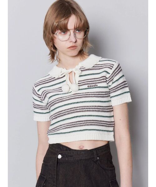 EMODA(エモダ)の「ボーダーポロニット(ニット/セーター・レディース・ブラック/ブラウン/ホワイト・FREE)」の4枚目の写真