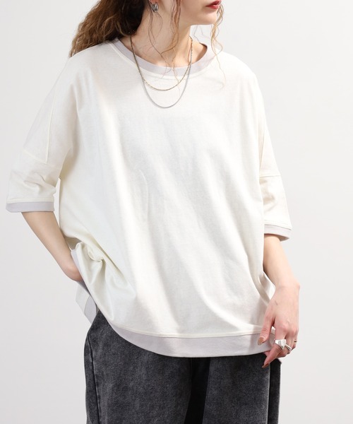 FUNALIVE（ファンアライブ）の「無地OE天竺リブ微配色半袖PO（Tシャツ/カットソー・レディース・ブラック/アイボリー/ブルーグレー/杢グレー・M～Ｌ）」の9枚目の写真
