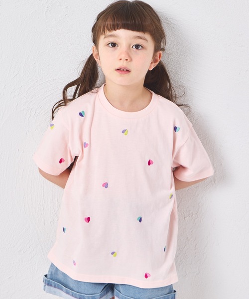 綿100%】ガールズ ハート刺繍 総柄 半袖Tシャツ（Tシャツ/カットソー