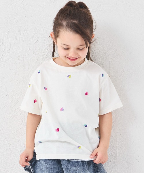 セール】【綿100%】ガールズ ハート刺繍 総柄 半袖Tシャツ（Tシャツ