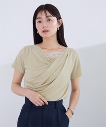 オフショルダーハーフスリーブレースドッキングTシャツ