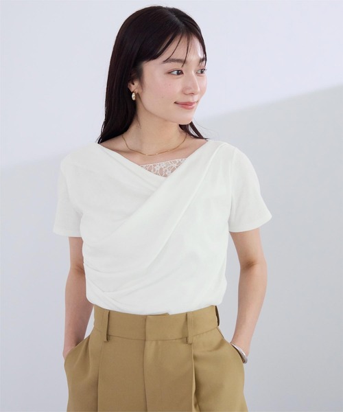 UR'S(ユアーズ)の「オフショルダーハーフスリーブレースドッキングTシャツ(Tシャツ/カットソー・レディース・ベージュ/オフホワイト/ブラック・S/M/L)」の16枚目の写真