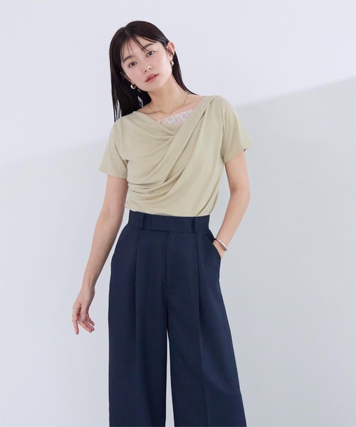 UR'S(ユアーズ)の「オフショルダーハーフスリーブレースドッキングTシャツ(Tシャツ/カットソー・レディース・ベージュ/オフホワイト/ブラック・S/M/L)」の5枚目の写真