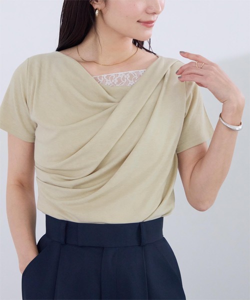 UR'S(ユアーズ)の「オフショルダーハーフスリーブレースドッキングTシャツ(Tシャツ/カットソー・レディース・ベージュ/オフホワイト/ブラック・S/M/L)」の6枚目の写真
