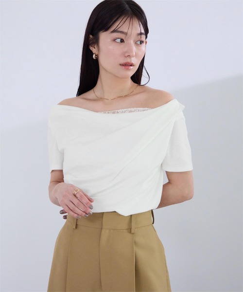UR'S(ユアーズ)の「オフショルダーハーフスリーブレースドッキングTシャツ(Tシャツ/カットソー・レディース・ベージュ/オフホワイト/ブラック・S/M/L)」の20枚目の写真