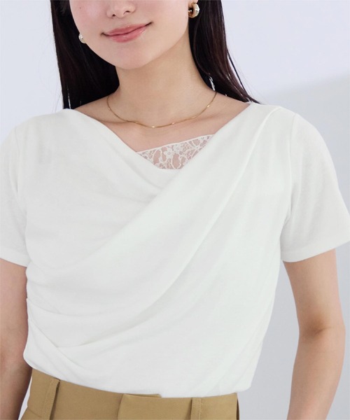 UR'S(ユアーズ)の「オフショルダーハーフスリーブレースドッキングTシャツ(Tシャツ/カットソー・レディース・ベージュ/オフホワイト/ブラック・S/M/L)」の21枚目の写真