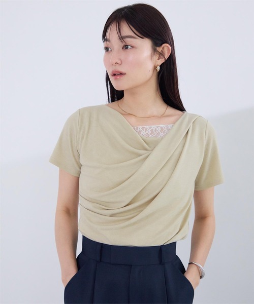UR'S(ユアーズ)の「オフショルダーハーフスリーブレースドッキングTシャツ(Tシャツ/カットソー・レディース・ベージュ/オフホワイト/ブラック・S/M/L)」の7枚目の写真