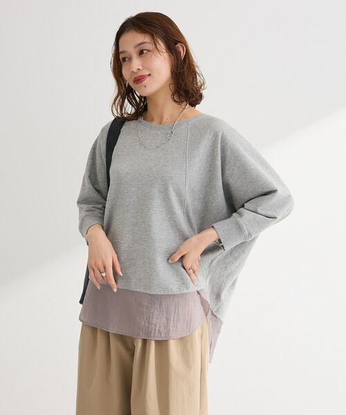 Green Parks(グリーンパークス)の「七分袖ドルマン裏毛シアードッキングプルオーバー(Tシャツ/カットソー・レディース・ブラック/ホワイト系その他2/杢グレー/グリーン・FREE)」の5枚目の写真