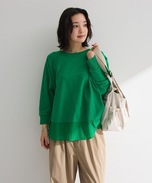 Green Parks(グリーンパークス)の「七分袖ドルマン裏毛シアードッキングプルオーバー(Tシャツ/カットソー・レディース・ブラック/ホワイト系その他2/杢グレー/グリーン・FREE)」の11枚目の写真