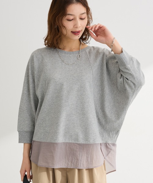 Green Parks(グリーンパークス)の「七分袖ドルマン裏毛シアードッキングプルオーバー(Tシャツ/カットソー・レディース・ブラック/ホワイト系その他2/杢グレー/グリーン・FREE)」の3枚目の写真