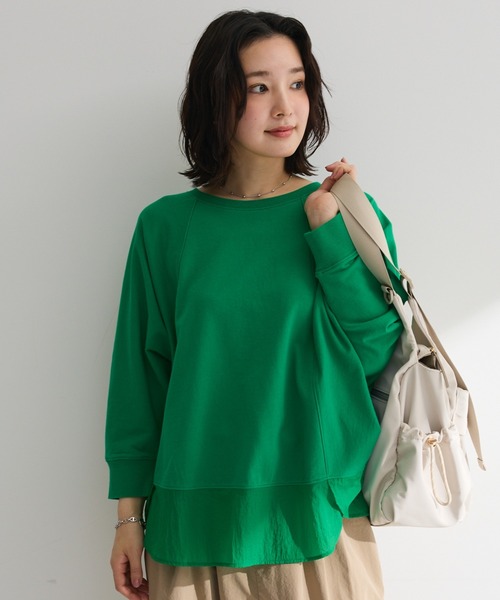 Green Parks(グリーンパークス)の「七分袖ドルマン裏毛シアードッキングプルオーバー(Tシャツ/カットソー・レディース・ブラック/ホワイト系その他2/杢グレー/グリーン・FREE)」の4枚目の写真
