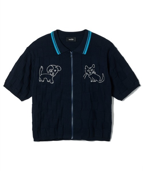 soduk（スドーク）の「【soduk】26SS新作 dog and cat bawling zip knit /ドッグ&キャットボーリングジップニット（ポロシャツ・レディース・ブラック系/ネイビー/グレー系・ONE SIZE）」の12枚目の写真