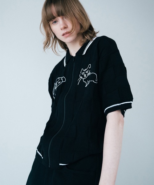 soduk（スドーク）の「【soduk】26SS新作 dog and cat bawling zip knit /ドッグ&キャットボーリングジップニット（ポロシャツ・レディース・ブラック系/ネイビー/グレー系・ONE SIZE）」の6枚目の写真