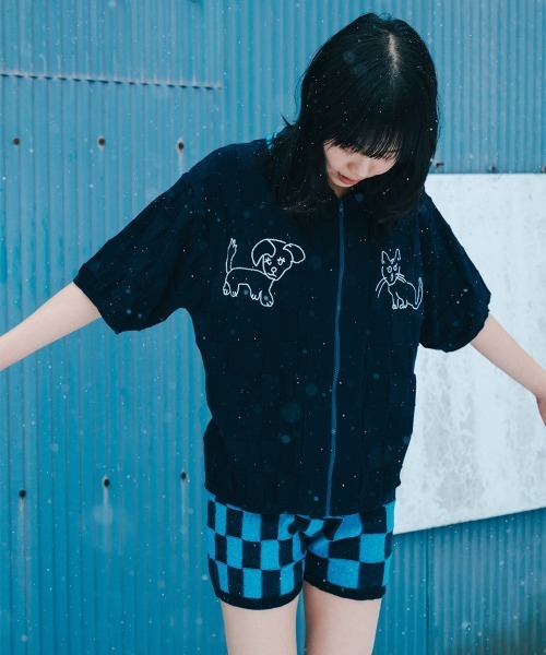 soduk（スドーク）の「【soduk】26SS新作 dog and cat bawling zip knit /ドッグ&キャットボーリングジップニット（ポロシャツ・レディース・ブラック系/ネイビー/グレー系・ONE SIZE）」の8枚目の写真