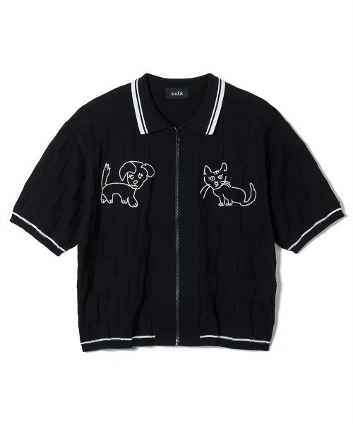 soduk（スドーク）の「【soduk】26SS新作 dog and cat bawling zip knit /ドッグ&キャットボーリングジップニット（ポロシャツ・レディース・ブラック系/ネイビー/グレー系・ONE SIZE）」の10枚目の写真