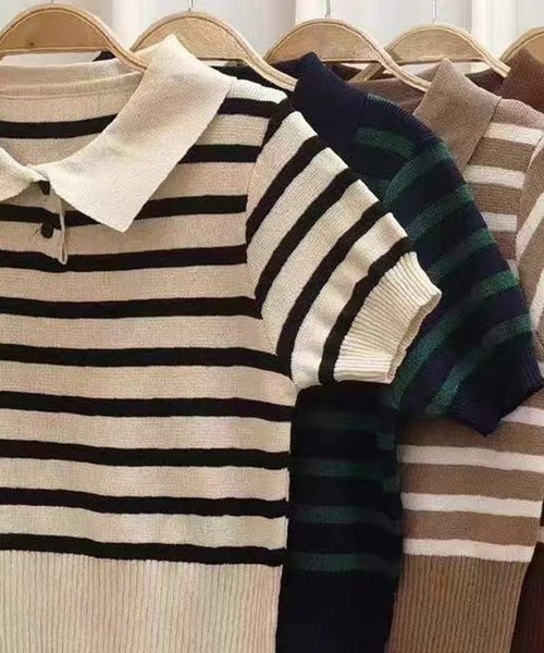 ADDITION STORE(アディションストア)の「クロップド レトロ ボーダーポロシャツ / チビボーダーポロ / asknn(ポロシャツ・レディース・ホワイト/ネイビー/ブラック/ベージュ・FREE)」の5枚目の写真