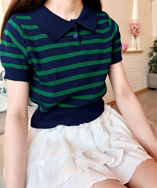 ADDITION STORE(アディションストア)の「クロップド レトロ ボーダーポロシャツ / チビボーダーポロ / asknn(ポロシャツ・レディース・ホワイト/ネイビー/ブラック/ベージュ・FREE)」の18枚目の写真