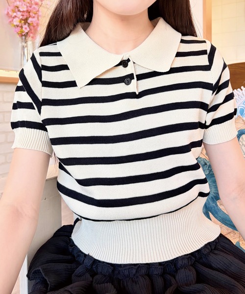 ADDITION STORE(アディションストア)の「クロップド レトロ ボーダーポロシャツ / チビボーダーポロ / asknn(ポロシャツ・レディース・ホワイト/ネイビー/ブラック/ベージュ・FREE)」の15枚目の写真