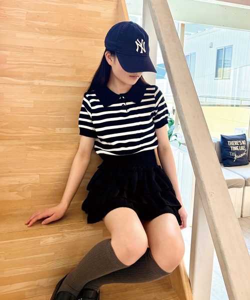 ADDITION STORE(アディションストア)の「クロップド レトロ ボーダーポロシャツ / チビボーダーポロ / asknn(ポロシャツ・レディース・ホワイト/ネイビー/ブラック/ベージュ・FREE)」の12枚目の写真