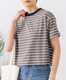 【C-FORT POINT/フォートポイント】【ハイウエストと相性抜群！】 ボーダークロップド丈Ｔシャツ 細ボーダー 韓国ファッション スタイルアップ 短丈