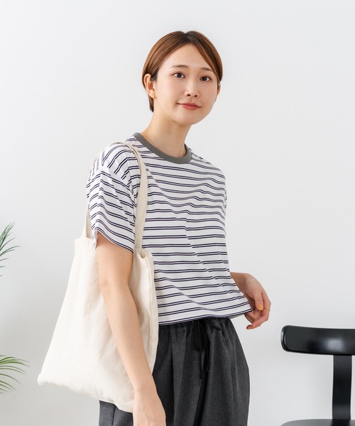fort point(フォーポイント)の「【C-FORT POINT/フォートポイント】【ハイウエストと相性抜群!】 ボーダークロップド丈Tシャツ 細ボーダー 韓国ファッション スタイルアップ 短丈(Tシャツ/カットソー・レディース・ブラック/ブラウン/オフホワイト/ブルー・FREE)」の18枚目の写真