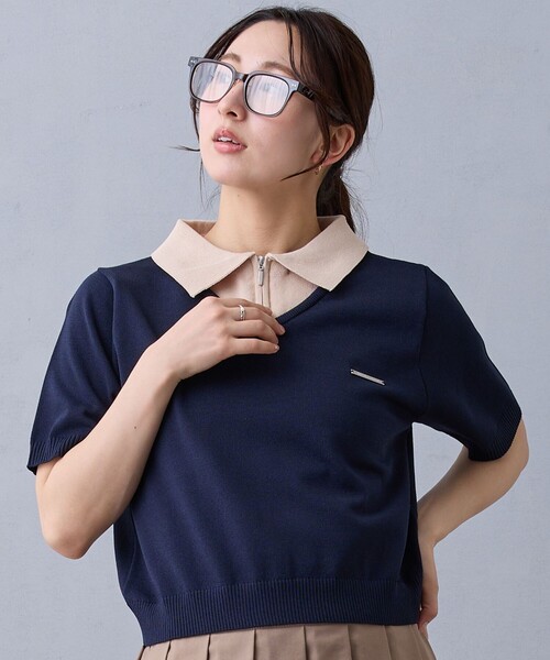 NICOLE CLUB(ニコル クラブ)の「レイヤードカラージップポロシャツ(ニット/セーター・レディース・その他2/ネイビー/ボルドー・FREE)」の2枚目の写真