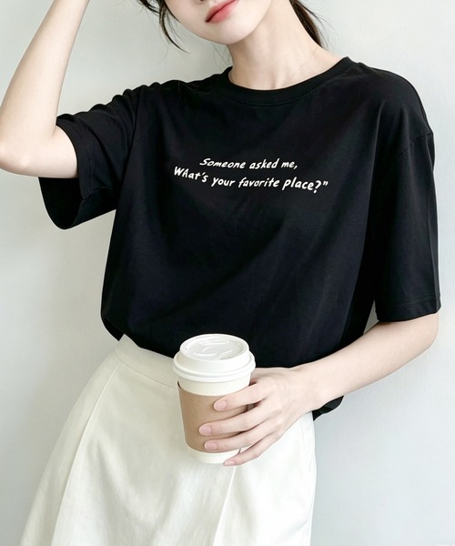 aimoha（アイモハ）の「ミニメッセージプリントTシャツ（Tシャツ/カットソー・レディース・ブラック/ホワイト/オフホワイト/ピンク・FREE）」の3枚目の写真