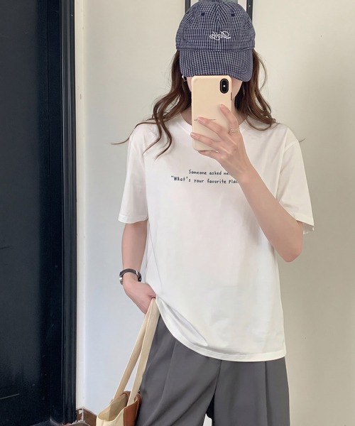 aimoha（アイモハ）の「ミニメッセージプリントTシャツ（Tシャツ/カットソー・レディース・ブラック/ホワイト/オフホワイト/ピンク・FREE）」の10枚目の写真