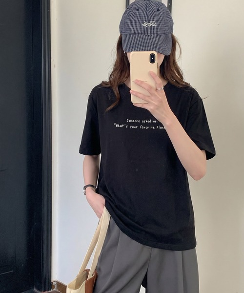 aimoha（アイモハ）の「ミニメッセージプリントTシャツ（Tシャツ/カットソー・レディース・ブラック/ホワイト/オフホワイト/ピンク・FREE）」の16枚目の写真