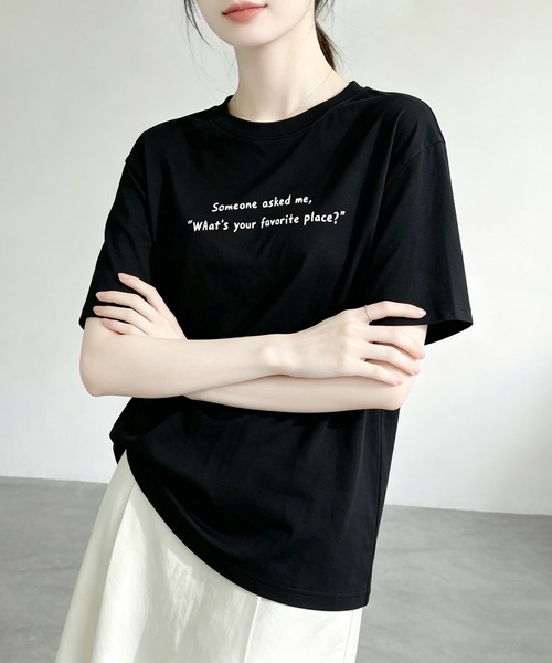 aimoha（アイモハ）の「ミニメッセージプリントTシャツ（Tシャツ/カットソー・レディース・ブラック/ホワイト/オフホワイト/ピンク・FREE）」の14枚目の写真