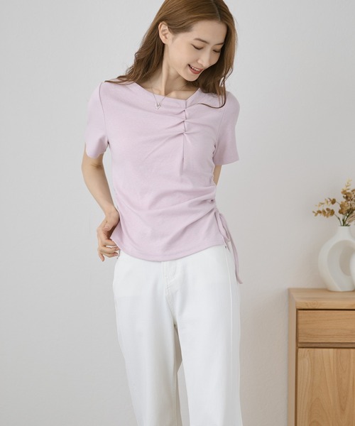 DAYRA(デイラ)の「フロント ギャザー サイド リボン Tシャツ(Tシャツ/カットソー・レディース・イエロー/パープル/ブラック/ホワイト・FREE)」の3枚目の写真