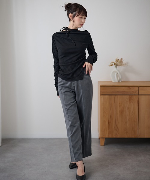 DAYRA(デイラ)の「肩リボン アシメ シャーリング リブ トップス(Tシャツ/カットソー・レディース・チャコールグレー/ブラック/グリーン・FREE/S)」の22枚目の写真
