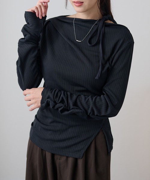 DAYRA(デイラ)の「肩リボン アシメ シャーリング リブ トップス(Tシャツ/カットソー・レディース・チャコールグレー/ブラック/グリーン・FREE/S)」の21枚目の写真
