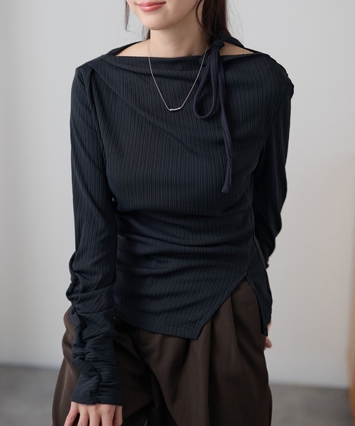 DAYRA(デイラ)の「肩リボン アシメ シャーリング リブ トップス(Tシャツ/カットソー・レディース・チャコールグレー/ブラック/グリーン・FREE/S)」の17枚目の写真