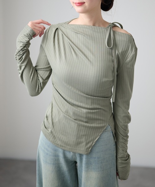 DAYRA(デイラ)の「肩リボン アシメ シャーリング リブ トップス(Tシャツ/カットソー・レディース・チャコールグレー/ブラック/グリーン・FREE/S)」の15枚目の写真