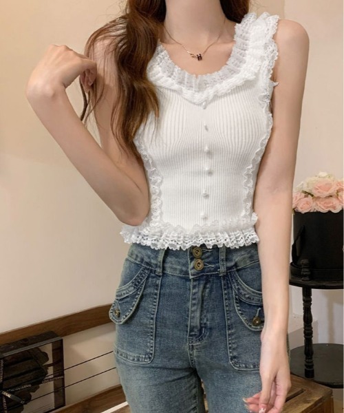 kirakiraShop(キラキラショップ)の「レース付き リブ タンクトップ(タンクトップ・レディース・ブラック/ホワイト/イエロー・FREE)」の8枚目の写真