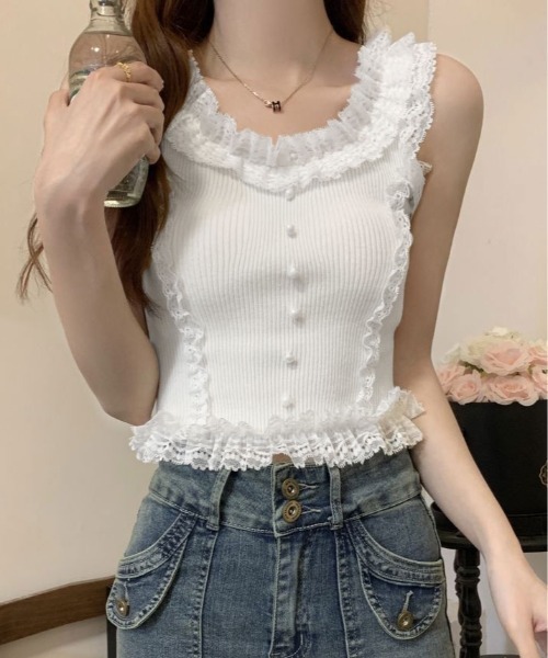 kirakiraShop(キラキラショップ)の「レース付き リブ タンクトップ(タンクトップ・レディース・ブラック/ホワイト/イエロー・FREE)」の9枚目の写真