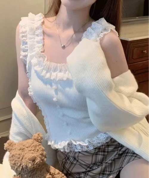 kirakiraShop(キラキラショップ)の「レース付き リブ タンクトップ(タンクトップ・レディース・ブラック/ホワイト/イエロー・FREE)」の4枚目の写真