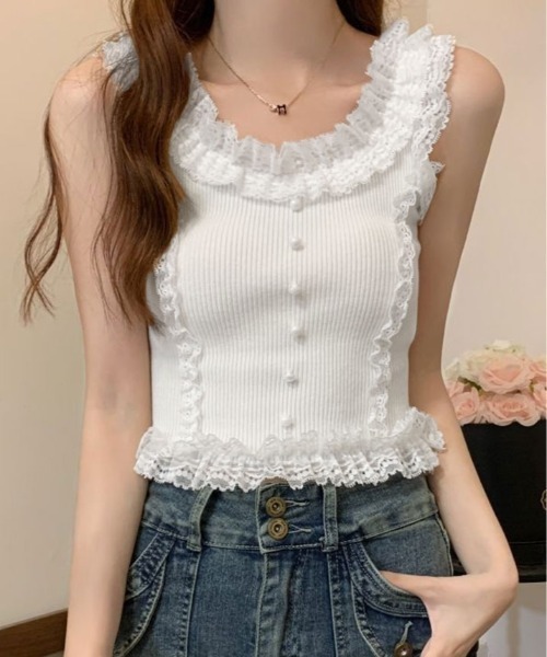 kirakiraShop(キラキラショップ)の「レース付き リブ タンクトップ(タンクトップ・レディース・ブラック/ホワイト/イエロー・FREE)」の7枚目の写真