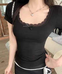 【EIZZ/アイズ】フロントミニリボン レーストリムTシャツ / ラウンドネック クロップド丈 トップス