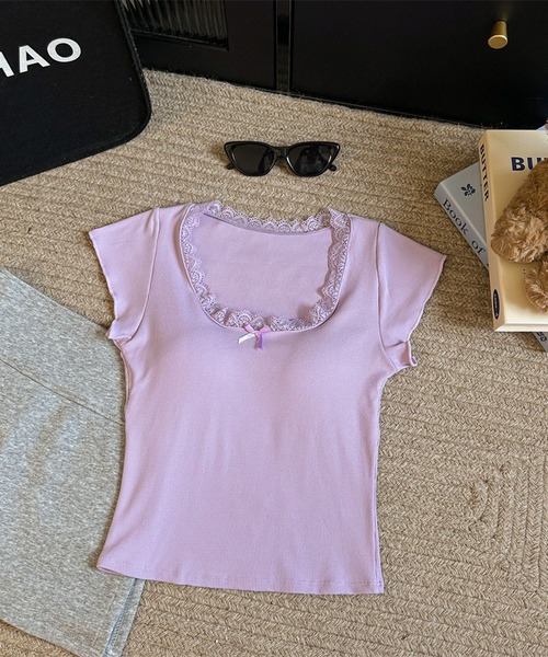 VIBGYOR(ヴィブジョー)の「【EIZZ/アイズ】フロントミニリボン レーストリムTシャツ / ラウンドネック クロップド丈 トップス(Tシャツ/カットソー・レディース・ホワイト/パープル/ブラック/グレー・FREE)」の14枚目の写真