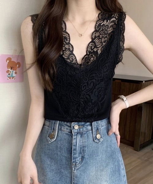 yuue' ( wear )(ユーイ)の「レースVネックサマーリブニットタンクトップ(タンクトップ・レディース・ブラック/ホワイト・FREE)」の1枚目の写真