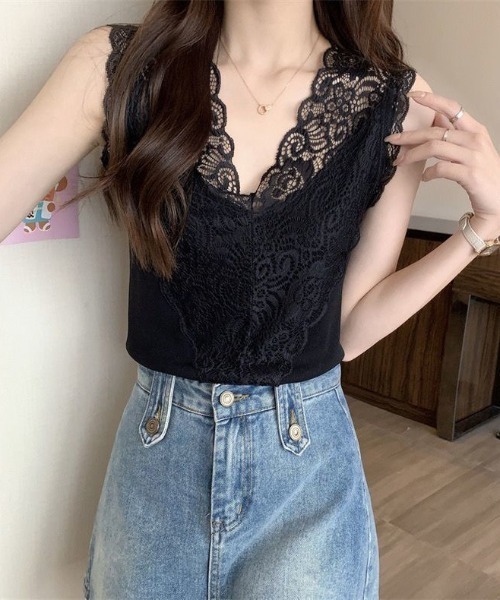 yuue' ( wear )(ユーイ)の「レースVネックサマーリブニットタンクトップ(タンクトップ・レディース・ブラック/ホワイト・FREE)」の11枚目の写真