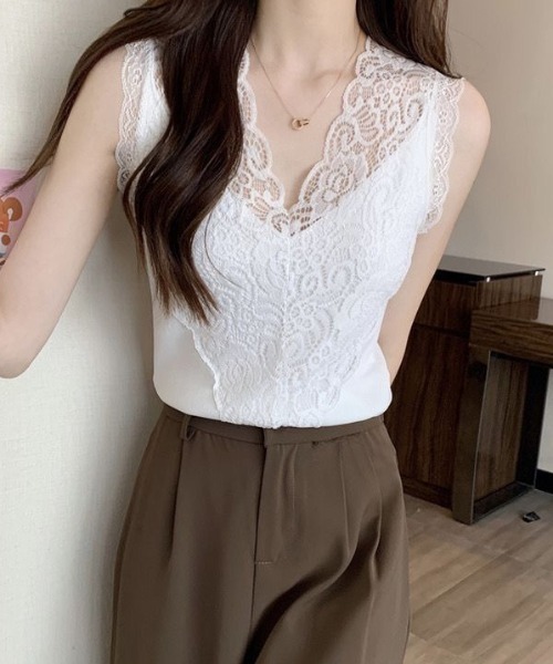 yuue' ( wear )(ユーイ)の「レースVネックサマーリブニットタンクトップ(タンクトップ・レディース・ブラック/ホワイト・FREE)」の16枚目の写真