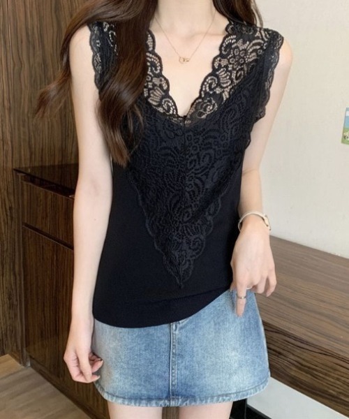yuue' ( wear )(ユーイ)の「レースVネックサマーリブニットタンクトップ(タンクトップ・レディース・ブラック/ホワイト・FREE)」の6枚目の写真