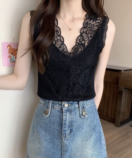 yuue' ( wear )(ユーイ)の「レースVネックサマーリブニットタンクトップ(タンクトップ・レディース・ブラック/ホワイト・FREE)」の7枚目の写真